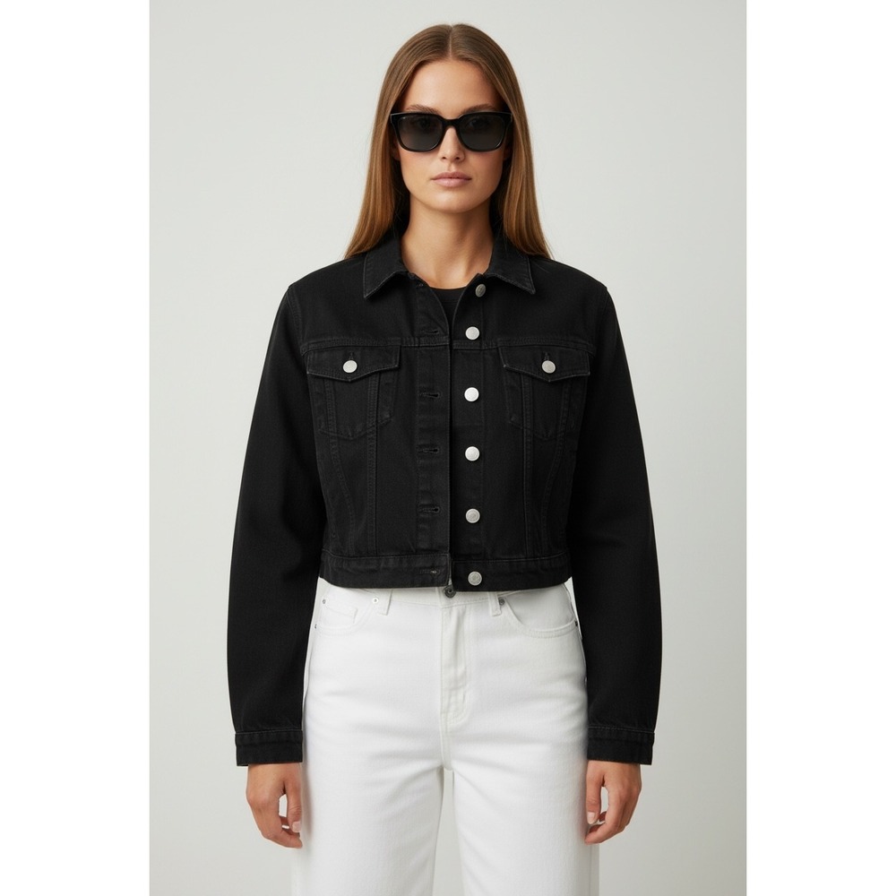 Zara Authentic Denim Cropped Black Jean Jacket Size Small Trucker Minimalist